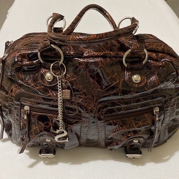 Chenson Brown Leather Patent Faux Croc Pattern Double Zipper Handbag - Picture 6 of 16